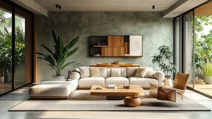 Luxurious living room with stylish furniture, light green micro-cement walls, and a bright open space design.