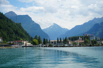 landscape portrait of the city of Fluëlen in Switzerland, lake of luzern, urnersee, during summer