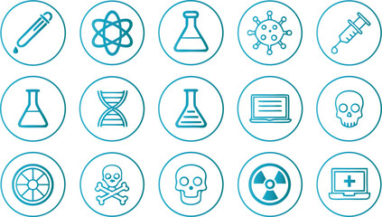 Blue science and medical icons in circular frames gradient