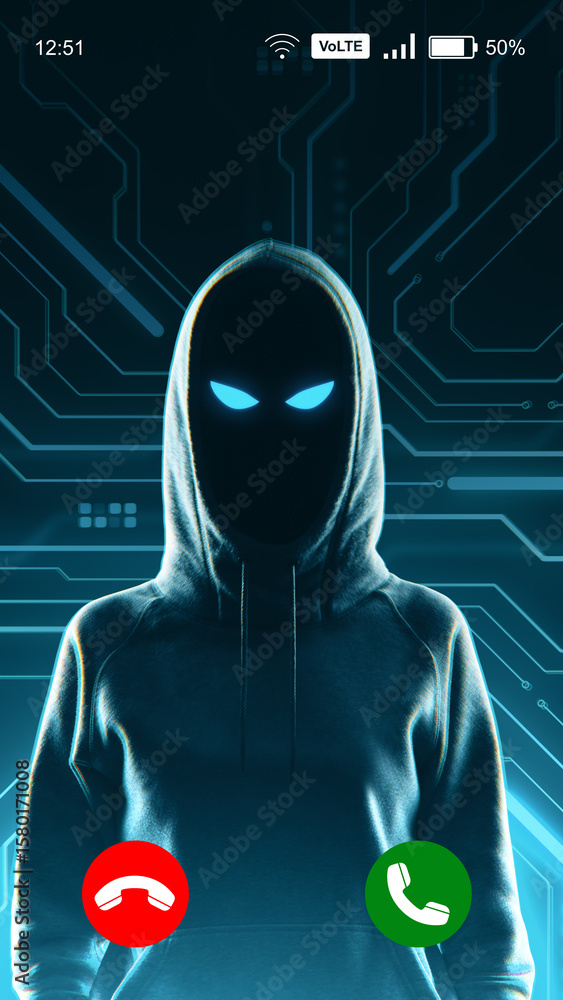 Poster anonymous hooded hacker figure with glowing eyes on digital circuit background receiving smartphone 