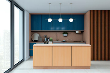 Modern kitchen interior with blue cabinets, wooden island, pendant lamps, and city view through large glass windows. Elegant and creative space. 3D Rendering