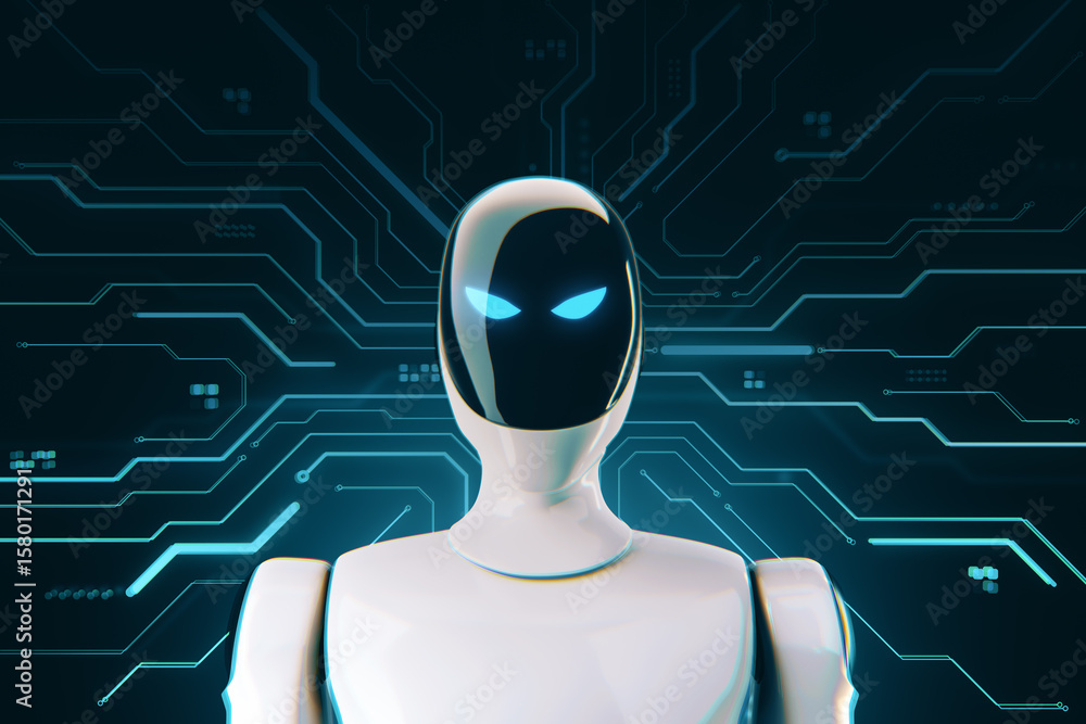 Poster futuristic humanoid robot with glowing eyes standing against digital circuit background representing