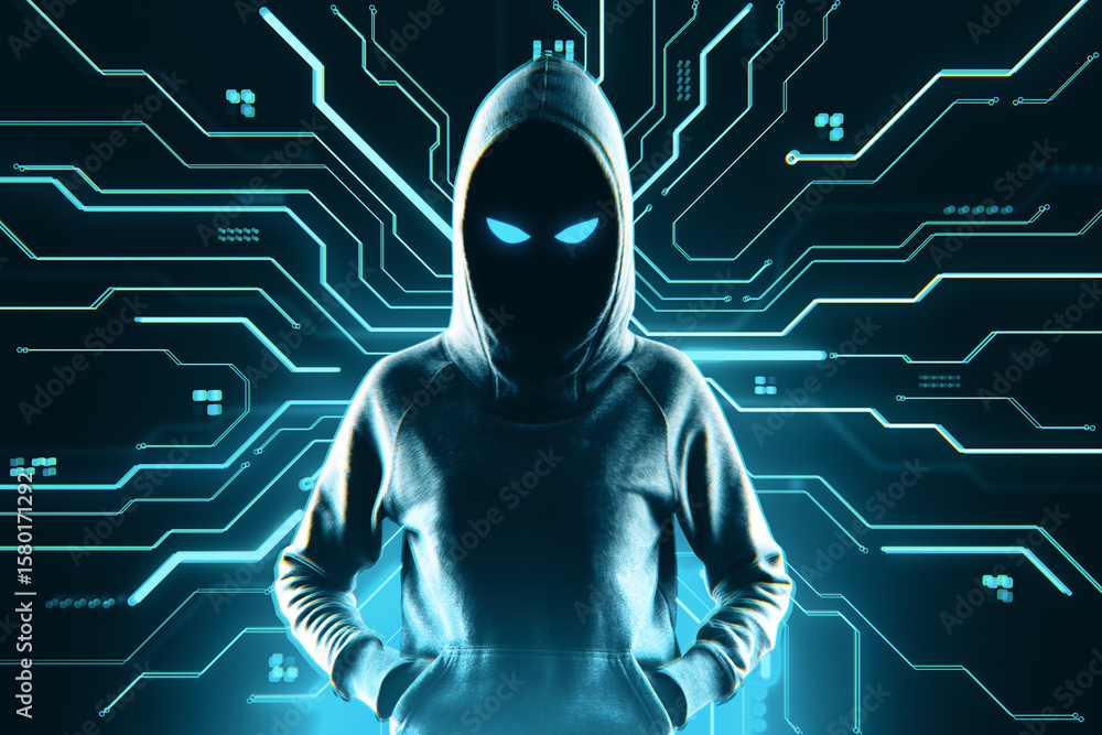 Poster anonymous hooded hacker figure with glowing eyes standing against digital circuit background symboli