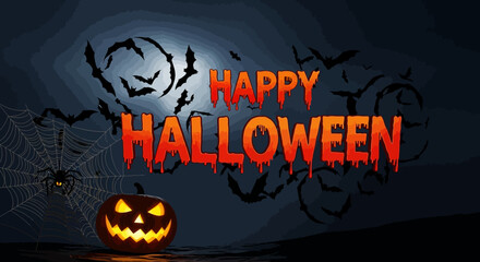 Spooky Halloween Scene with Glowing Pumpkin and Flying Bats.