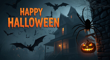 Spooky Halloween Scene Featuring Haunted House Bats Spider and Glowing Pumpkin.
