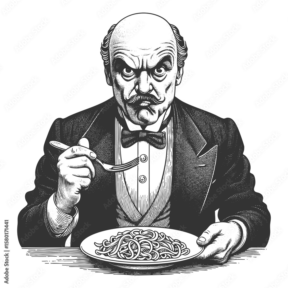 Poster funny wide-eyed victorian man exaggeratedly slurping noodles from bowl with a stunned expression ske