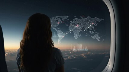 Woman gazing at a digital world map from airplane - Powered by Adobe