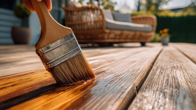 Staining Deck. Woman applying protective varnish on wooden patio floor. House maintenance concept with before and after effect