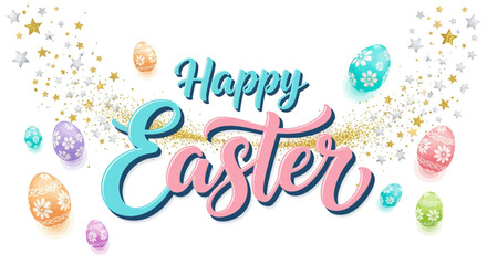 Festive Easter Greeting with Decorated Eggs and Sparkling Starbursts.