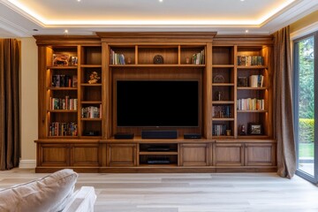 Fototapeta na wymiar A living room with a large wooden entertainment center and a flat screen TV. Modern living room interior with blank TV screen on wooden cabinet bookshelves on each side light background.