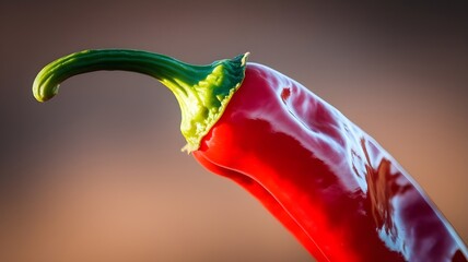 Vibrant macro close-up of a fresh red chili pepper with a green stem, showcasing rich texture and vibrant color perfect for culinary, food, or spicy design themes