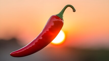 Close‑up of vibrant red chili pepper in front of a golden sunset capturing mood light, spicy food concept, fresh produce, culinary and agricultural theme

