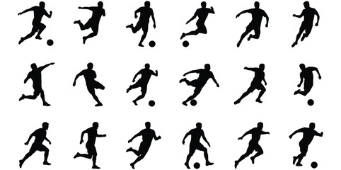 football. football player. ball. game. football field. sport. black color. a shadow. man. shape. Vector art of silhouettes of soccer players in action, isolated on white background