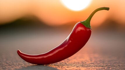Close-Up of a Fresh Red Chili Pepper on a Smooth Surface with Sunset in the Background, Symbolizing Heat, Spice, and Natural Organic Ingredients