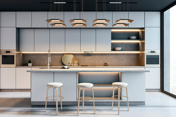 Modern elegant kitchen interior with island, stools, and backlit cabinets in high-rise home with large window and cozy city view background. 3D Rendering © Who is Danny