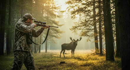 Hunter man in camouflage aiming a rifle at a moose in a misty forest at sunrise. hunting season adventure.