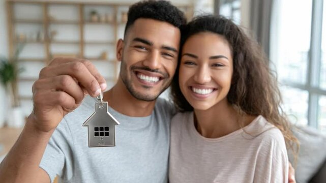 Home Ownership: A smiling couple gleefully displays their house key, symbolizing the beginning of their journey into homeownership and the realization of their dreams.