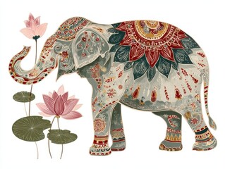 Obraz premium Tribal Elephant: Stylized Ethnic Indian Tattoo Symbol with Lotus Flower Decoration