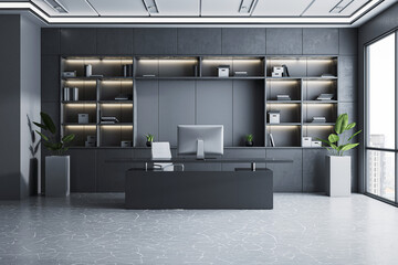 Modern executive office interior with sleek black furniture, large windows, bookshelves, and stylish lighting in a luxury workplace design. 3D Rendering