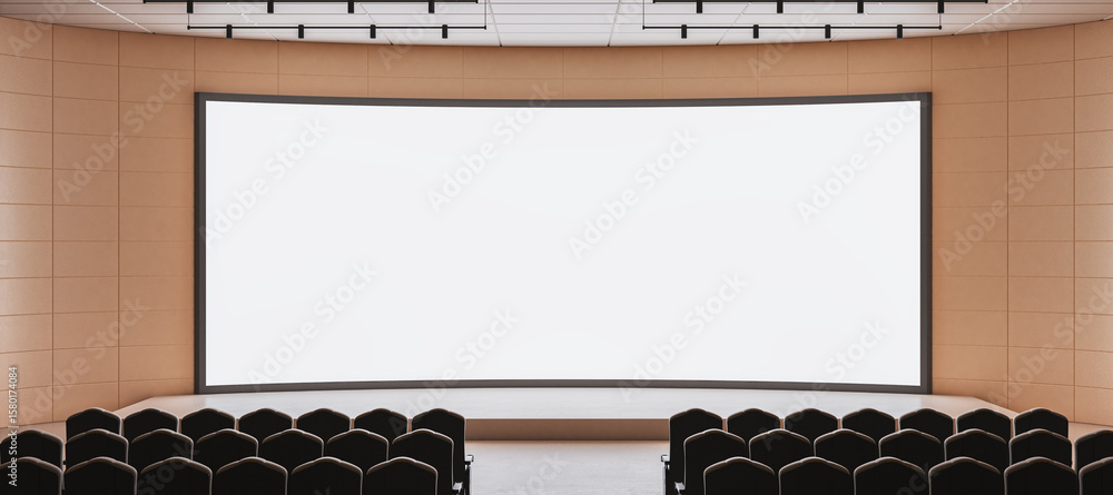 Poster modern auditorium interior with large blank curved screen and empty black chairs facing stage in cle