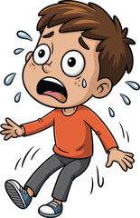 PrintScared cartoon boy sweating, emotional character illustration, fear expression, comic style, child panic reaction, funny children vector art