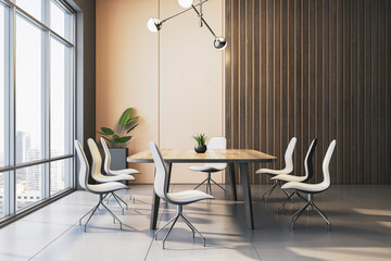 Modern dining table with stylish white chairs in contemporary office interior with large window and city view at sunrise. 3D Rendering