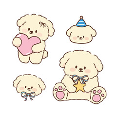 Cute puppy doodle vector set. Hand drawn Cartoon kawaii style. Pastel soft colors vector illustration.