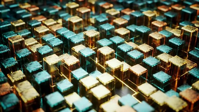 Abstract Geometric Arrangement of Gold and Blue Transparent Cube Blocks with Blurred Background Optimized for Adobe