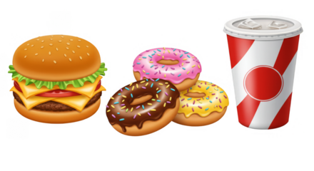 Food Illustration of Burgers Donuts and Soda Meal with Transparent Background