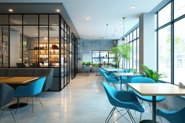 A large room with a blue chair in the middle and a white chair on the right. Modern office interior with glass wall conference room and blue chairs.