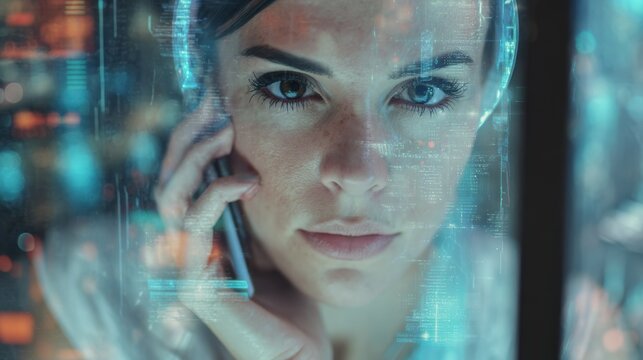 A young woman using a holographic interface to video call her friend,