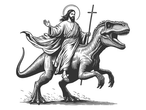 Jesus Christ with halo riding a dinosaur sketch engraving generative ai fictional character raster illustration. Scratch board imitation. Black and white image.