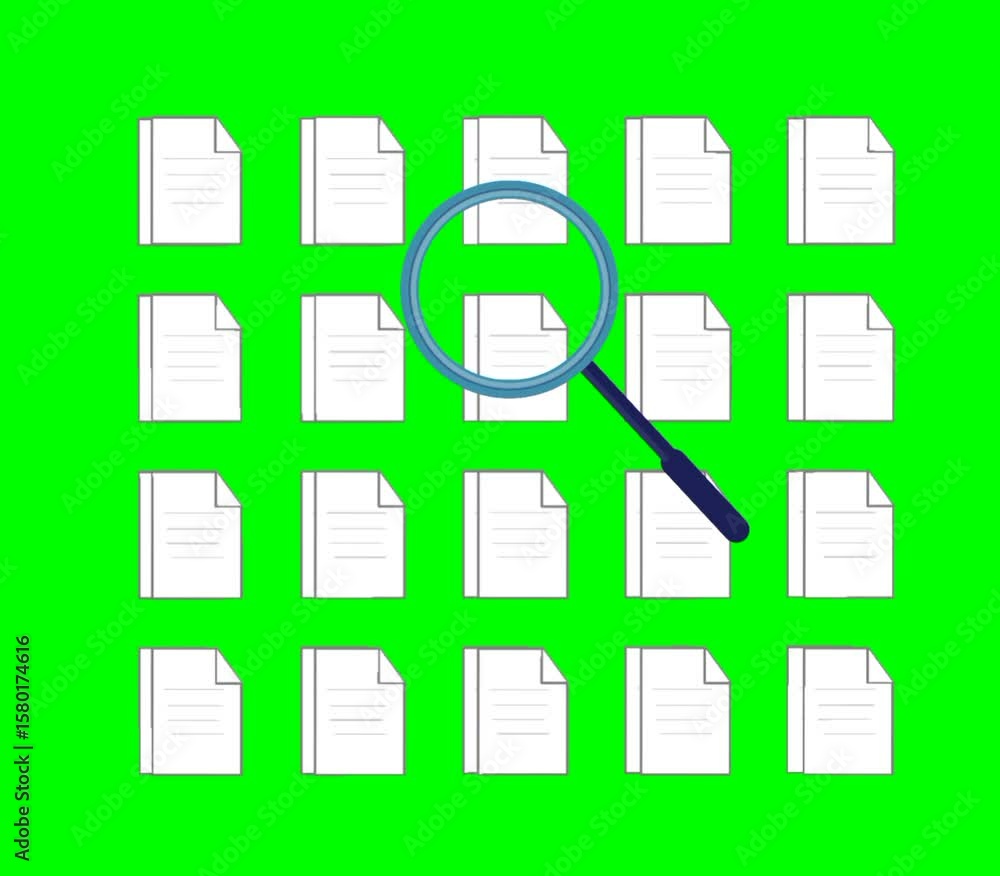 Poster document search animation in document management system. magnifying glass highlighting files. data o