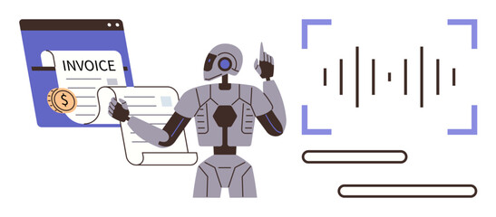 Robot managing financial invoice calculation, audio waveform symbolizing voice recognition. Ideal for AI finance, automation, technology, robotics, digital tools, smart systems, simple flat metaphor