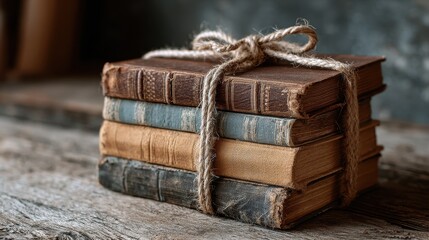Vertical Stack Of Books on Rustic Table Tied with Rope. Copy Space for Text
