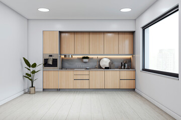 Modern cozy kitchen interior with wooden cabinets, large window view, and minimal decor in bright home space. 3D Rendering. 3D Rendering