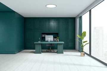 Modern executive office with teal wood furniture, panoramic city view, minimalist design and luxury...
