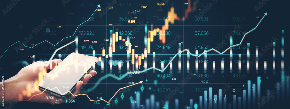 Poster smartphone with financial graphs and trading chart holograms showing market analysis and currency da