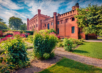 Astonishing summer scene of Jan III Sobieski Castle garden. Beautiful summer cityscape of Rzucewo village, district of Gmina Puck,  Pomeranian Voivodeship, Poland. Traveling concept background.