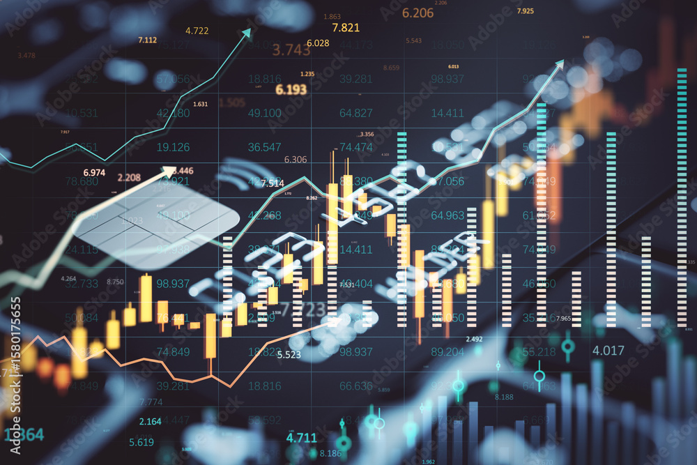 Poster abstract financial trading graph with credit card and data overlay on dark background representing i