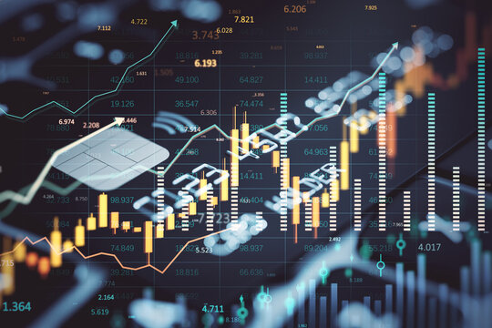 Abstract financial trading graph with credit card and data overlay on dark background representing investment, fintech, and currency exchange.