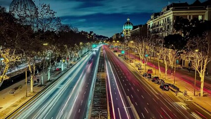 Timelapse showcasing the vibrant nightlife along Avenida de la Maria Cristina in Barcelona, â€‹â€‹Timelapse of Avenida de la Marâˆšâ‰ a Cristina, Barcelona