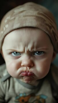 A baby with a brown hat on and a frowning face. The baby is making a face and has a lip smacker