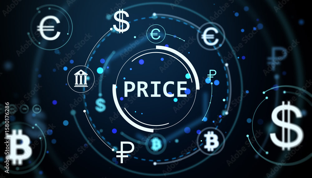 Poster price and currency symbols interface with glowing digital icons and financial technology design on a