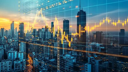 City skyline at sunset with digital financial graphs overlay showing market trends and data analysis - Powered by Adobe