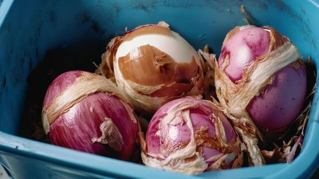 Hard-boiled eggs wrapped in garlic and onion skins, a traditional Easter food.