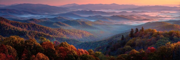 Western North Carolina. Sunrise Over Blue Ridge Parkway Park with Autumn Fog in the Background