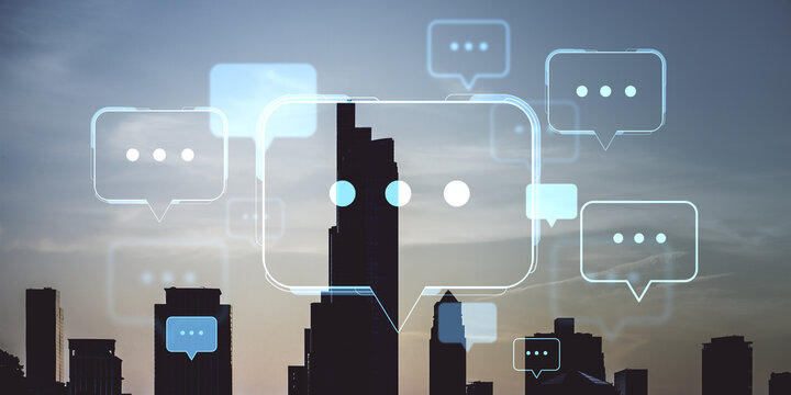 Digital speech bubbles with message icons over modern city skyline at dusk, symbolizing online communication and social media concepts. - Powered by Adobe