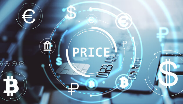 Currency price digital interface with glowing forex and cryptocurrency symbols on abstract financial background with keyboard and credit card.