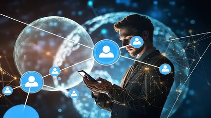 Businessman using smartphone amidst digital network connections and global data visualization - Powered by Adobe
